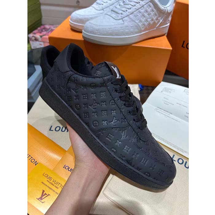 Louis Vuitton LV Unisex Rivoli Sneaker Black Mini Monogram Embossed Calf Leather Rubber