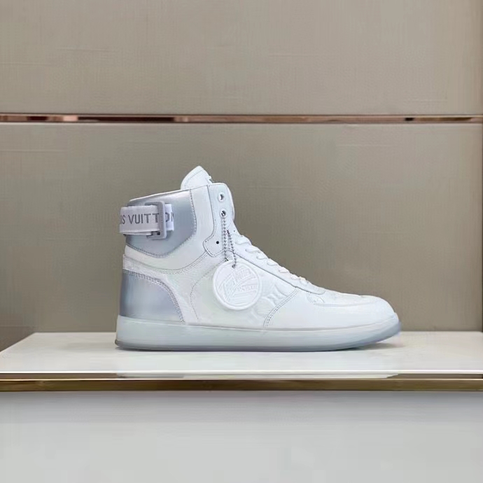 Louis Vuitton LV Unisex Rivoli Sneaker Boot Silver White Calf Leather Monogram Canvas
