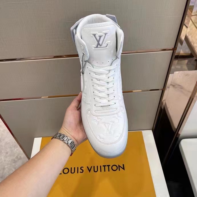 Louis Vuitton LV Unisex Rivoli Sneaker Boot Silver White Calf Leather Monogram Canvas