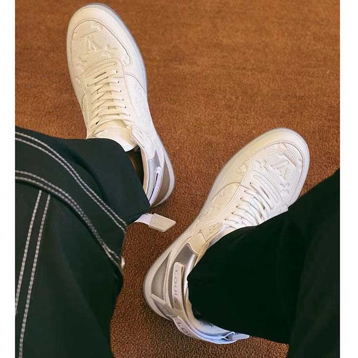 Louis Vuitton LV Unisex Rivoli Sneaker Boot Silver White Calf Leather Monogram Canvas