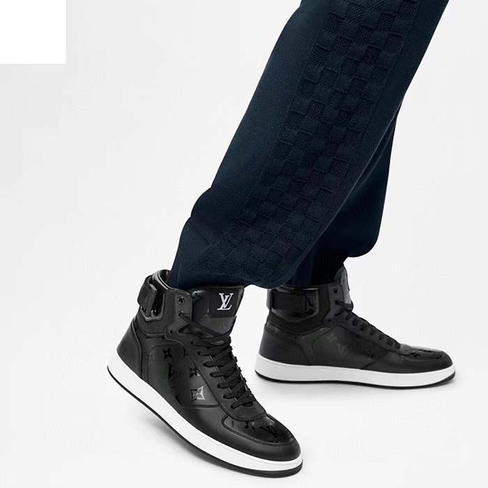 Louis Vuitton LV Unisex Rivoli Sneaker Boot Black Calf Leather Monogram Metallic Canvas