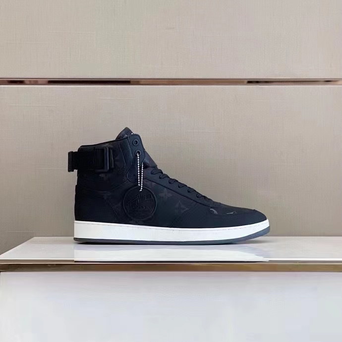 Louis Vuitton LV Unisex Rivoli Sneaker Boot Black Calf Leather Monogram Metallic Canvas