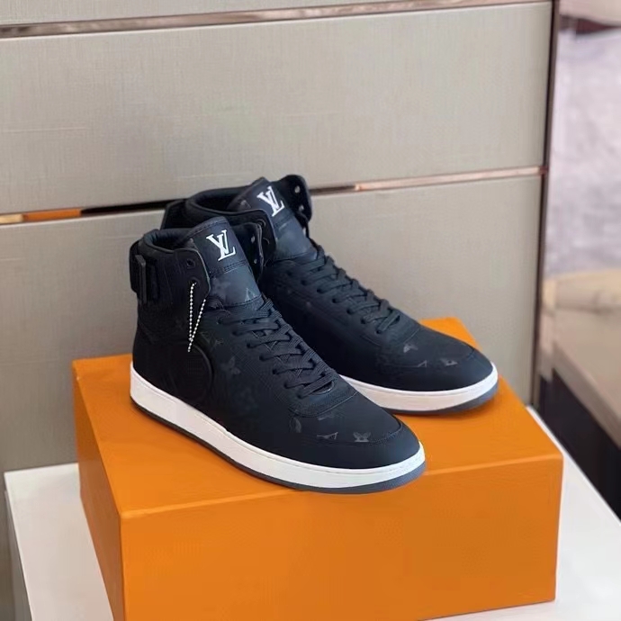Louis Vuitton LV Unisex Rivoli Sneaker Boot Black Calf Leather Monogram Metallic Canvas