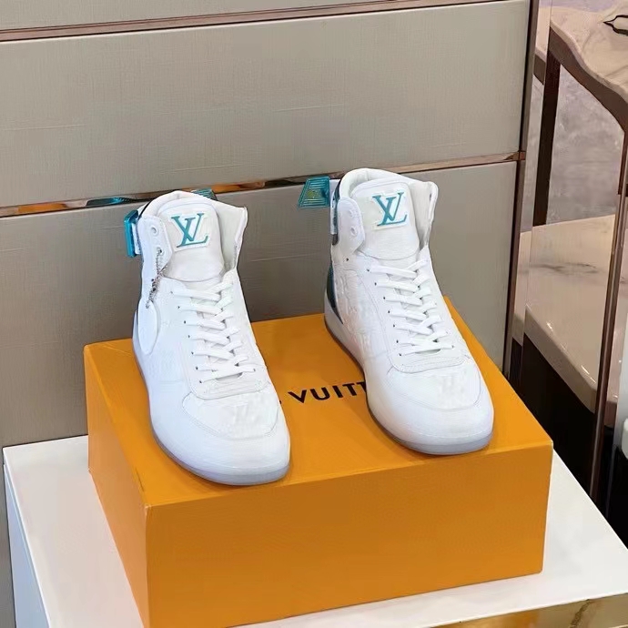 Louis Vuitton LV Unisex Rivoli Sneaker Boot Blue White Calf Leather Monogram Canvas
