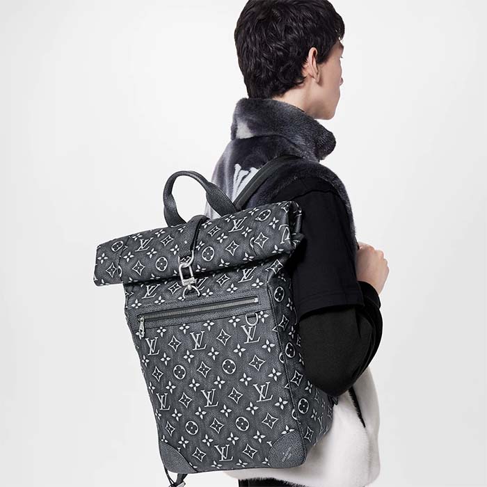 Louis Vuitton LV Unisex Roll Top Backpack Black Charcoal Cowhide Leather