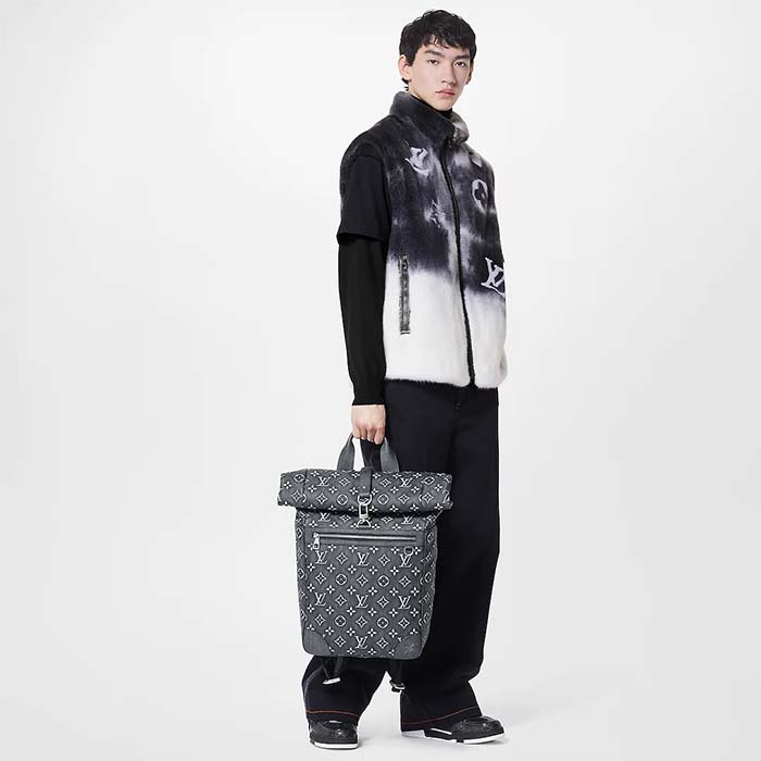 Louis Vuitton LV Unisex Roll Top Backpack Black Charcoal Cowhide Leather