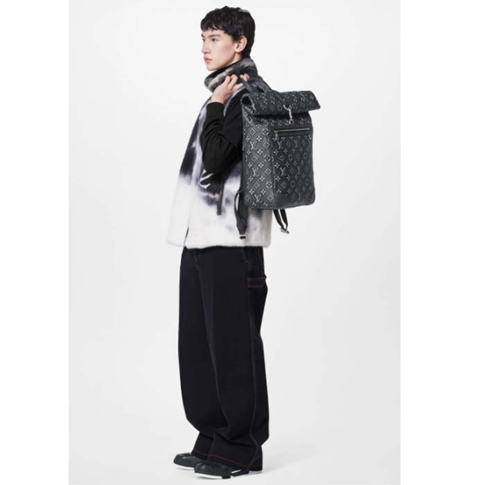Louis Vuitton LV Unisex Roll Top Backpack Black Charcoal Cowhide Leather