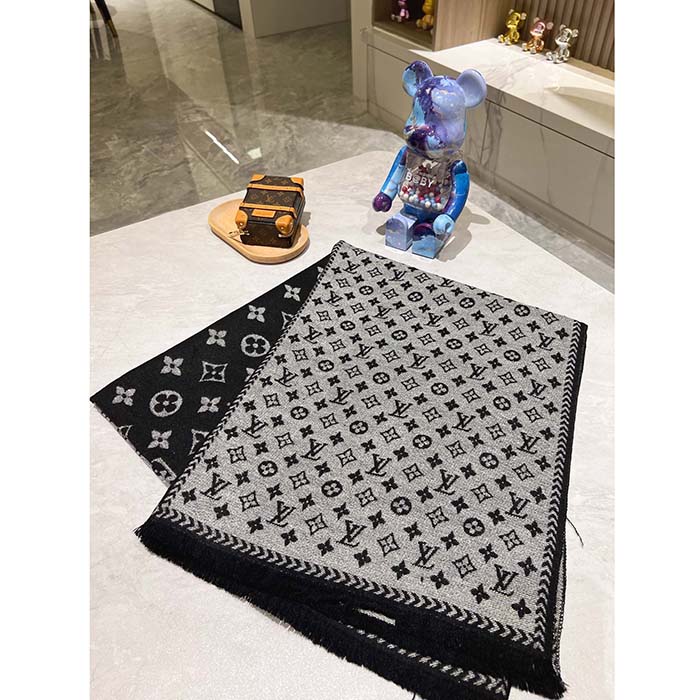 Louis Vuitton LV Unisex Simply LV Scarf Black Fringed Finish Contrasting Monogram Motif