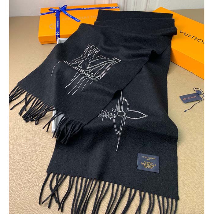 Louis Vuitton LV Unisex Stitch Scarf Black Monogram Flowers Wool Cashmere Jacquard