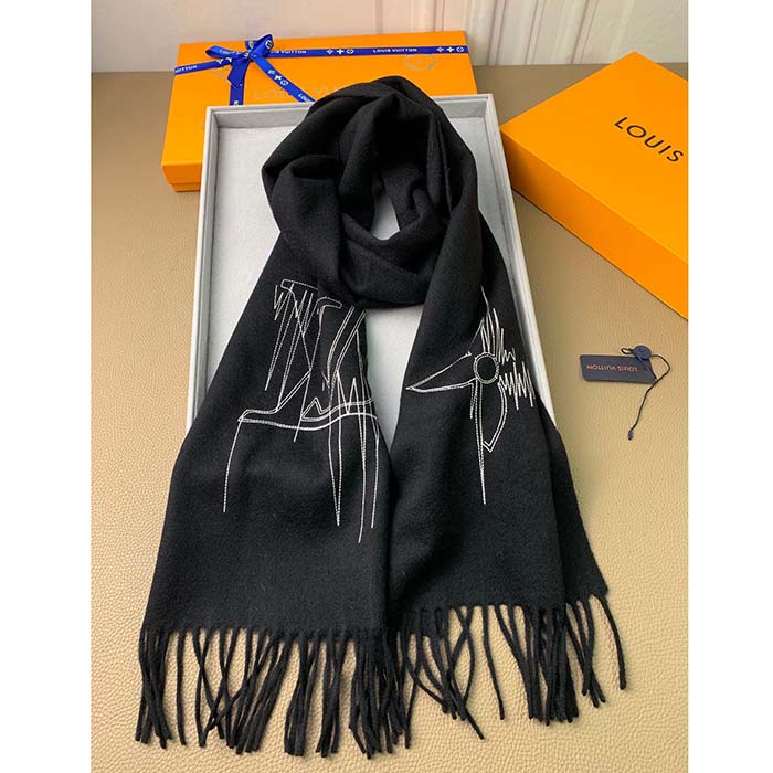 Louis Vuitton LV Unisex Stitch Scarf Black Monogram Flowers Wool Cashmere Jacquard