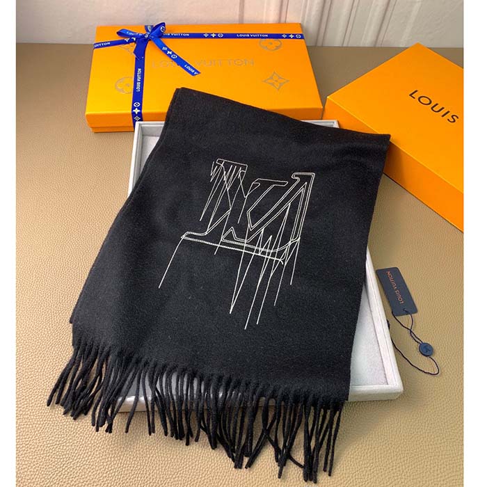 Louis Vuitton LV Unisex Stitch Scarf Black Monogram Flowers Wool Cashmere Jacquard