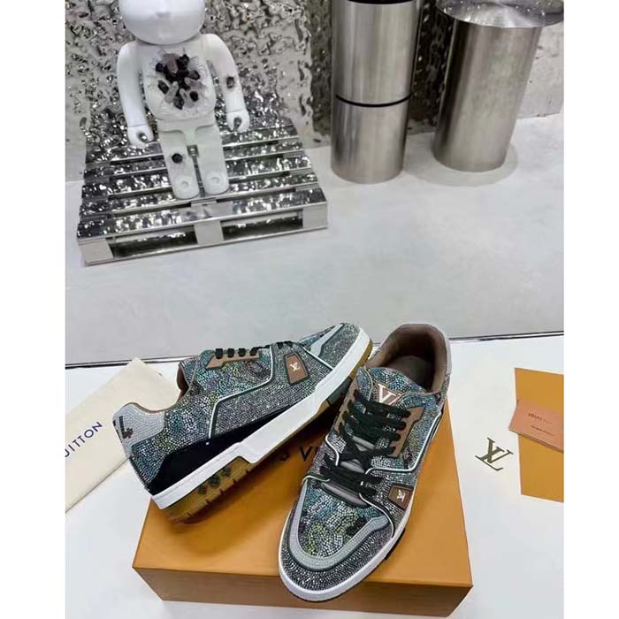 Louis Vuitton LV Unisex Trainer Sneaker Khaki Green Strass Rubber Monogram Flowers