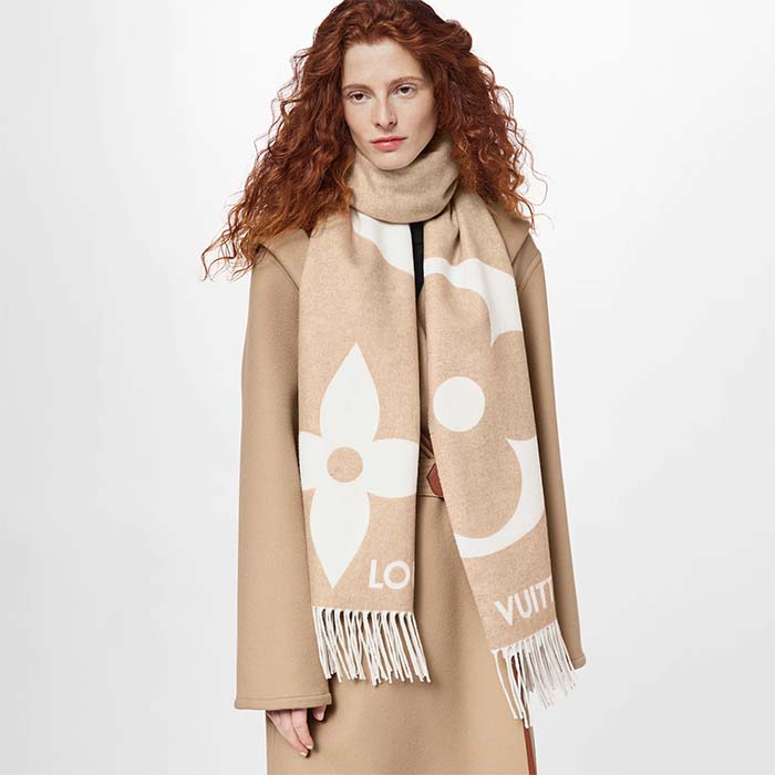 Louis Vuitton LV Unisex Ultimate Shine Scarf Beige Allover Monogram Pattern Fringe Finish