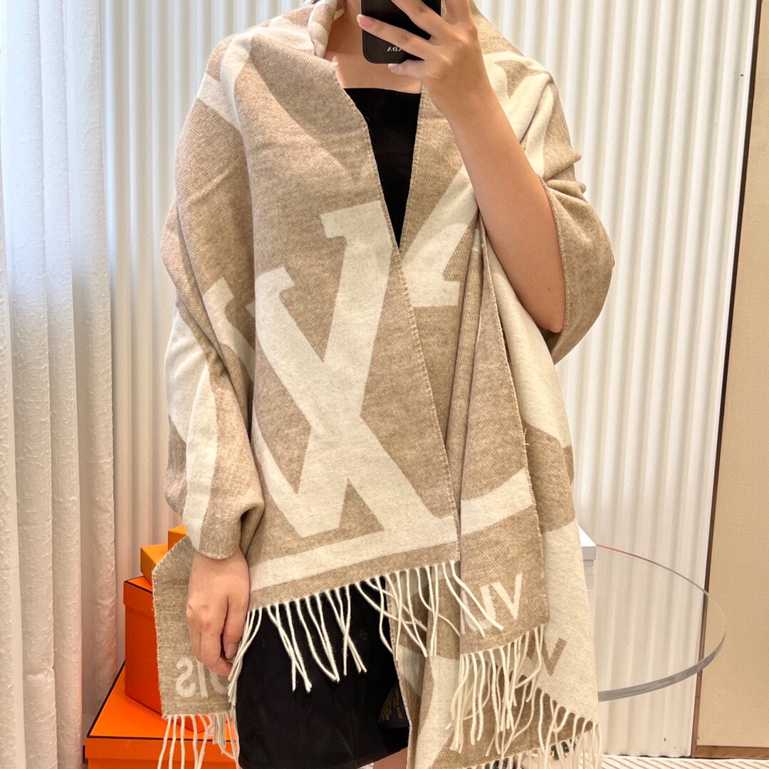 Louis Vuitton LV Unisex Ultimate Shine Scarf Beige Allover Monogram Pattern Fringe Finish