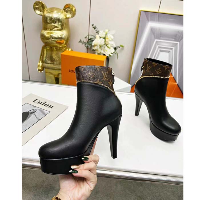 Louis Vuitton LV Women Afterglow Platform Ankle Boot Black Calf Patent Monogram Canvas