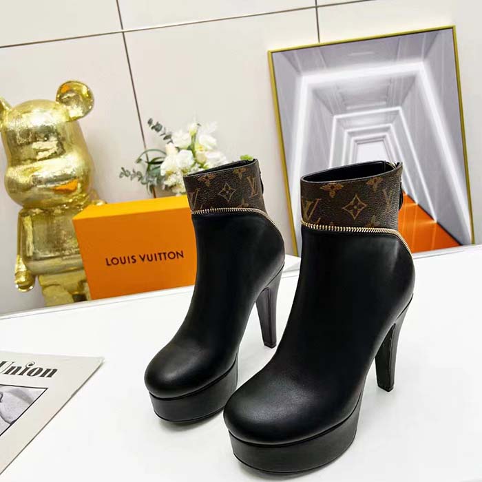 Louis Vuitton LV Women Afterglow Platform Ankle Boot Black Calf Patent Monogram Canvas