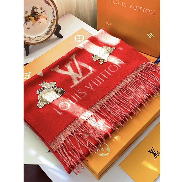 Louis Vuitton LV Women Precious Rabbit Essential Scarf Red Wool Jacquard Monogram