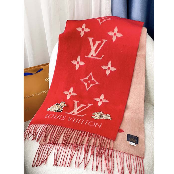 Louis Vuitton LV Women Precious Rabbit Essential Scarf Red Wool Jacquard Monogram
