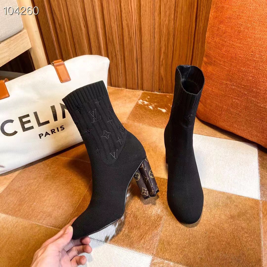 Louis Vuitton LV Women Silhouette Ankle Boot Black Stretch Textile Patent Monogram Canvas