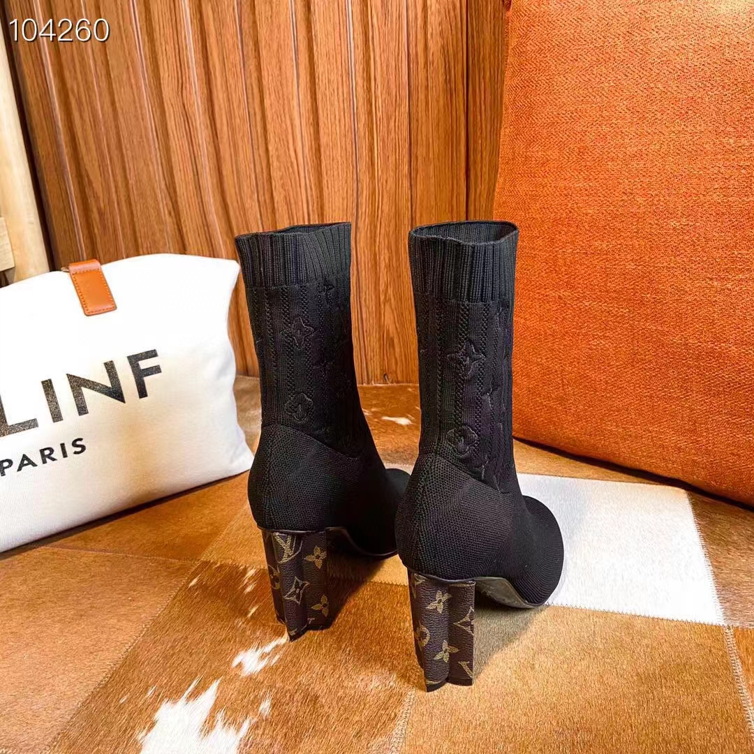 Louis Vuitton LV Women Silhouette Ankle Boot Black Stretch Textile Patent Monogram Canvas