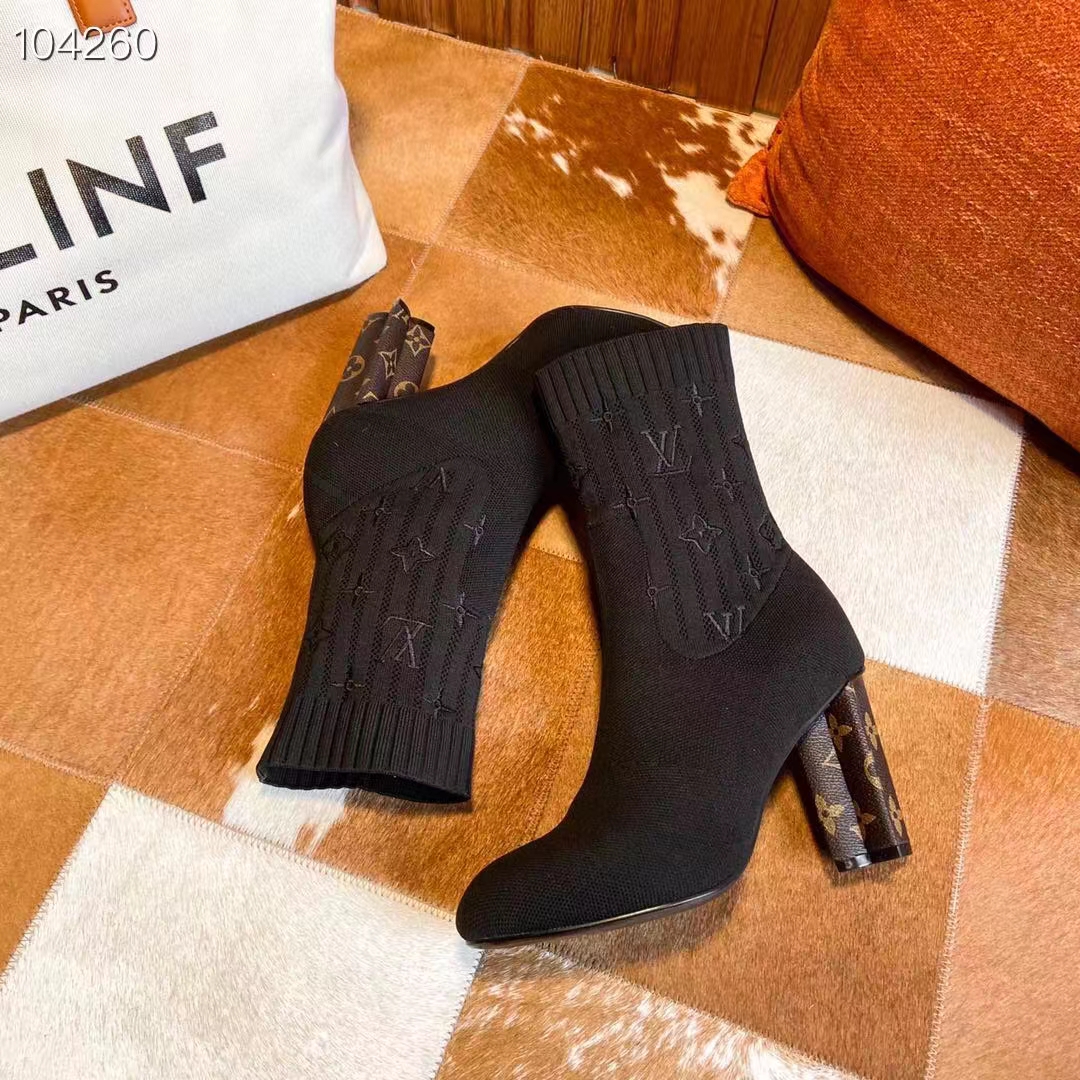 Louis Vuitton LV Women Silhouette Ankle Boot Black Stretch Textile Patent Monogram Canvas