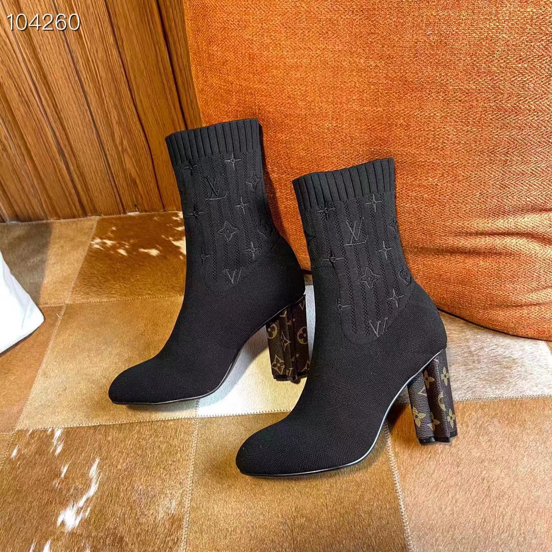 Louis Vuitton LV Women Silhouette Ankle Boot Black Stretch Textile Patent Monogram Canvas