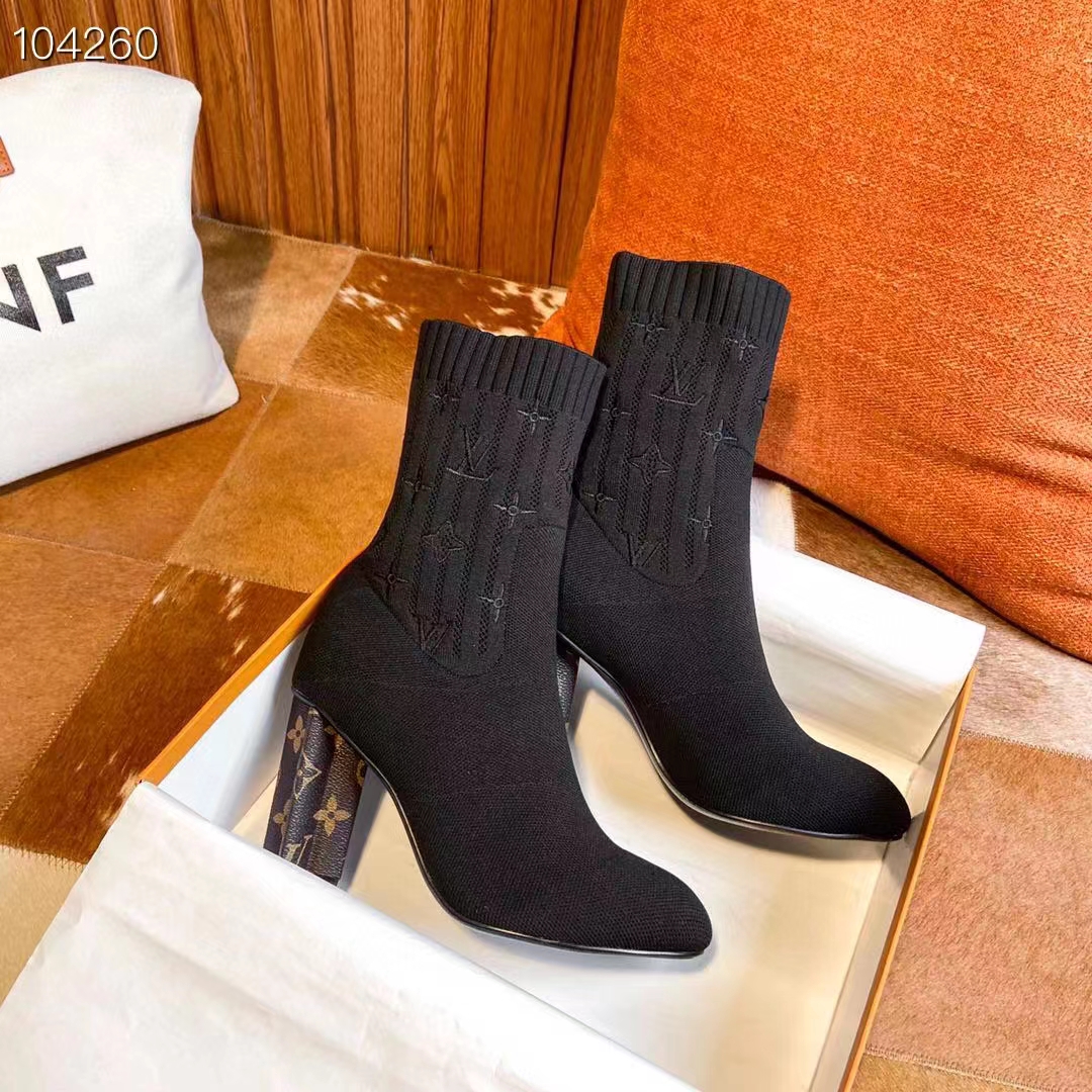 Louis Vuitton LV Women Silhouette Ankle Boot Black Stretch Textile Patent Monogram Canvas