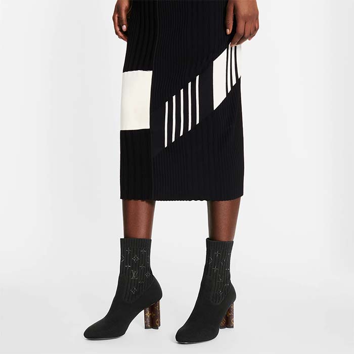 Louis Vuitton LV Women Silhouette Ankle Boot Black Stretch Textile Patent Monogram Canvas