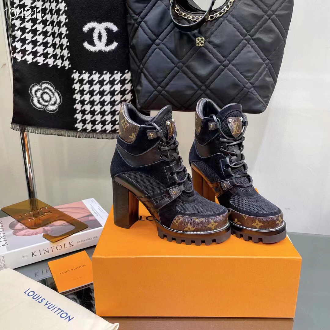 Louis Vuitton LV Women Star Trail Ankle Boot Black Mix Materials Treaded Rubber 9.5 Cm Heel