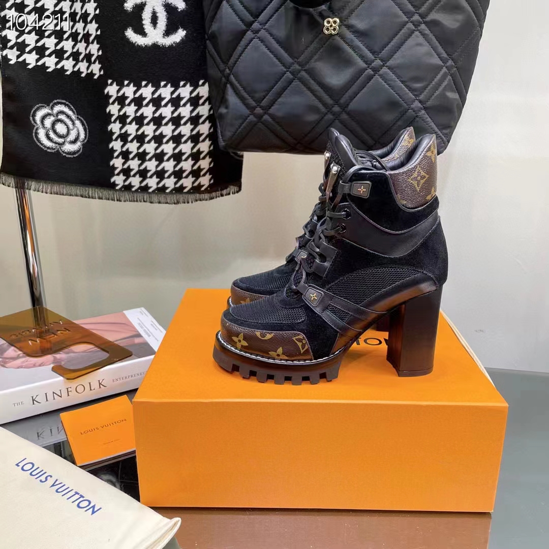 Louis Vuitton LV Women Star Trail Ankle Boot Black Mix Materials Treaded Rubber 9.5 Cm Heel