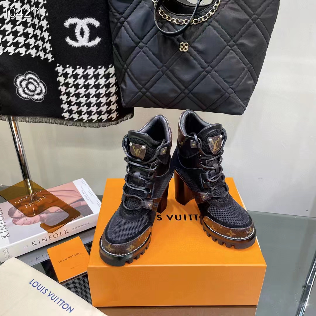 Louis Vuitton LV Women Star Trail Ankle Boot Black Mix Materials Treaded Rubber 9.5 Cm Heel