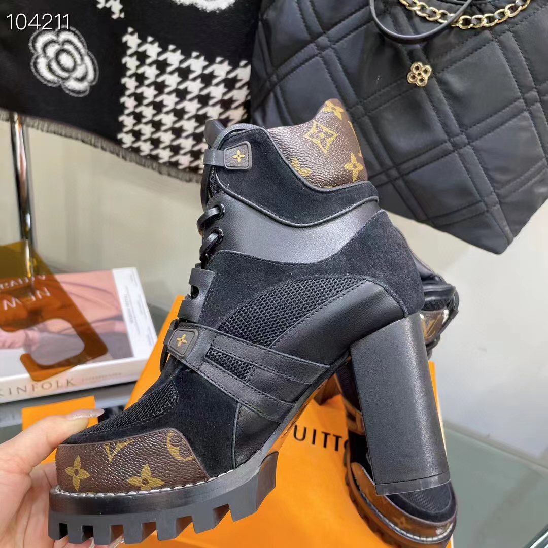 Louis Vuitton LV Women Star Trail Ankle Boot Black Mix Materials Treaded Rubber 9.5 Cm Heel