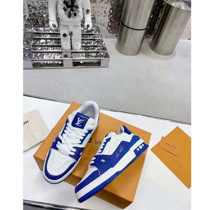 Louis Vuitton Unisex LV Trainer Sneaker Blue Mini Monogram Embossed Calf Leather