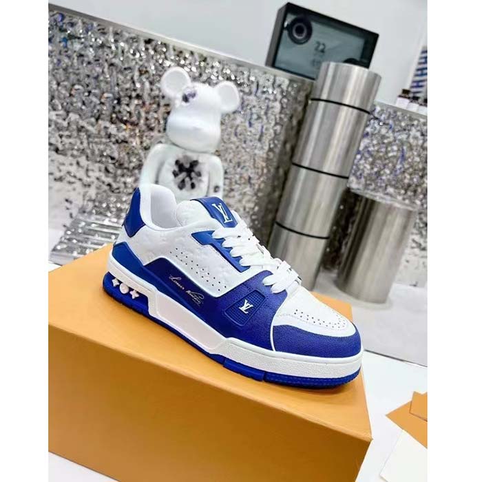 Louis Vuitton Unisex LV Trainer Sneaker Blue Mini Monogram Embossed Calf Leather