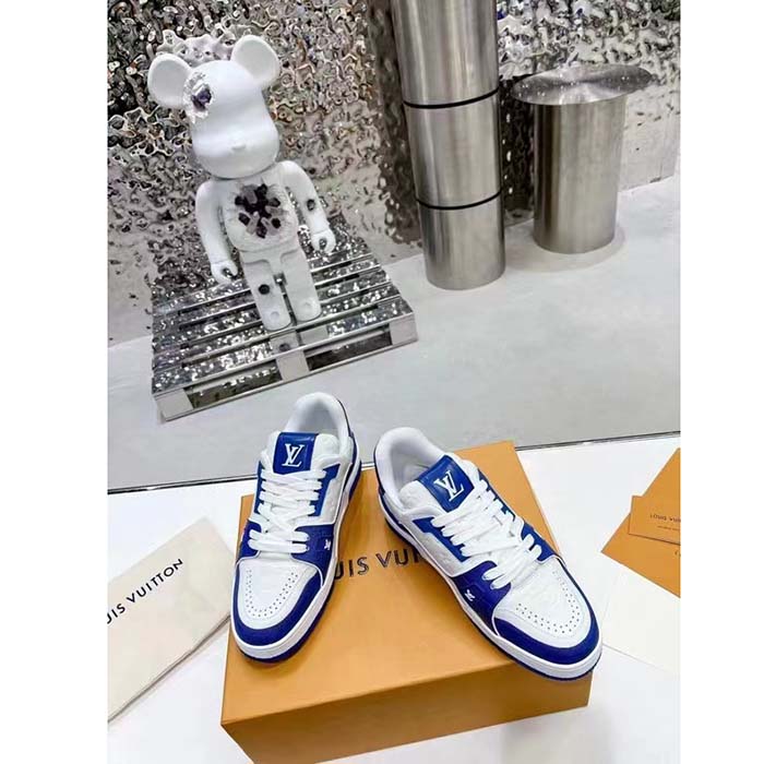 Louis Vuitton Unisex LV Trainer Sneaker Blue Mini Monogram Embossed Calf Leather