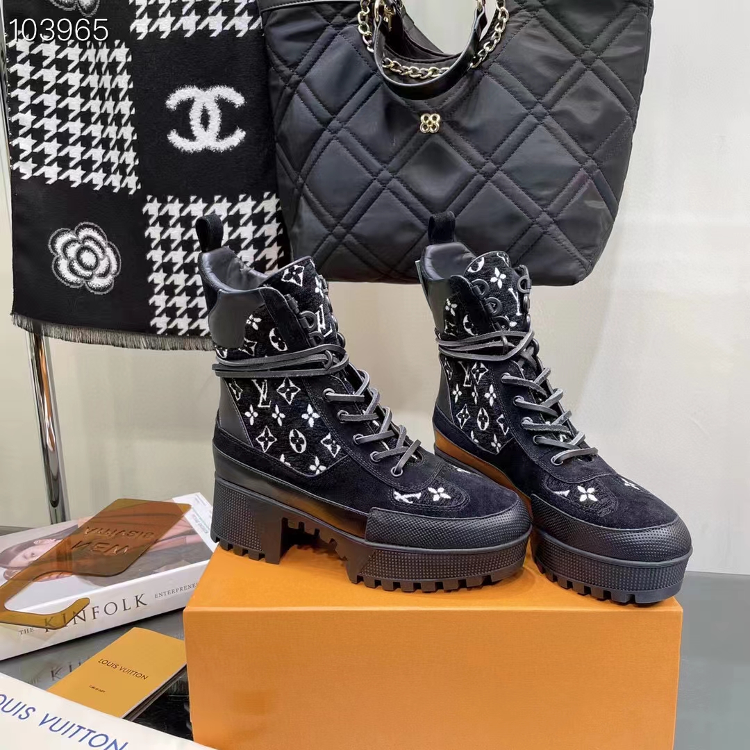 Louis Vuitton Women LV Platform Desert Boot Gray Monogram Denim Calf Leather