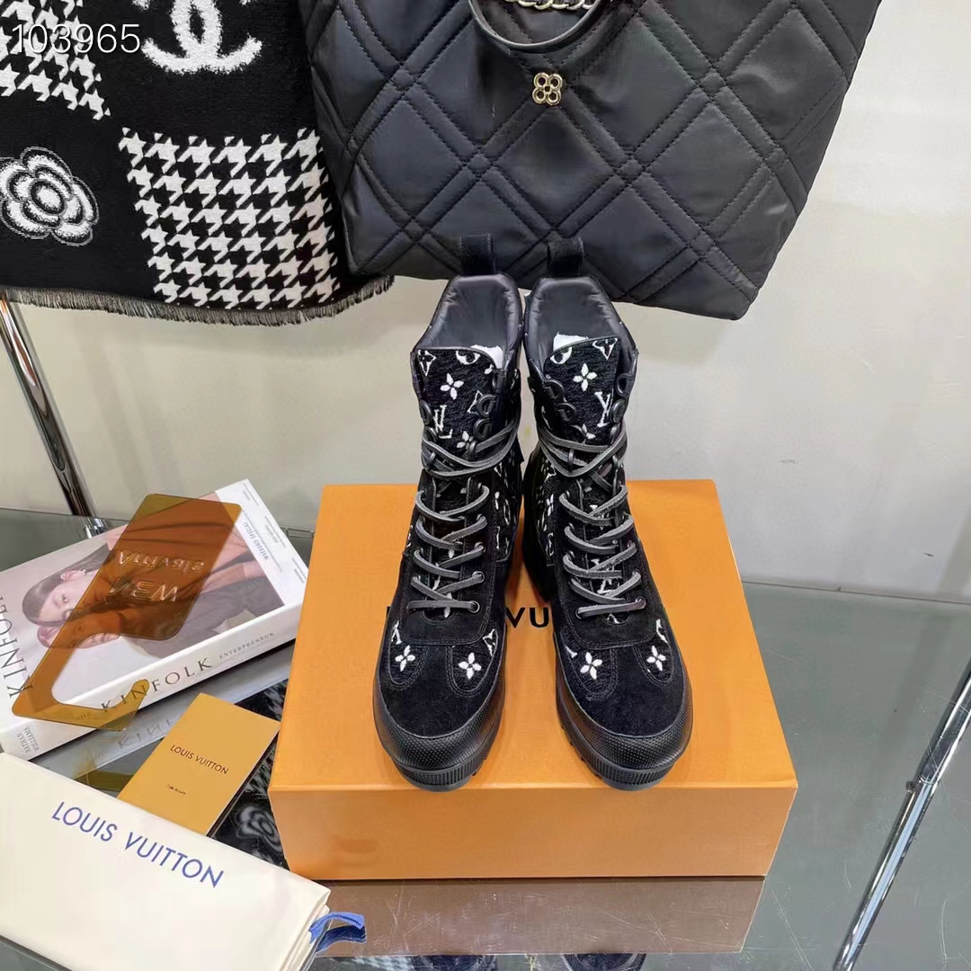 Louis Vuitton Women LV Platform Desert Boot Gray Monogram Denim Calf Leather
