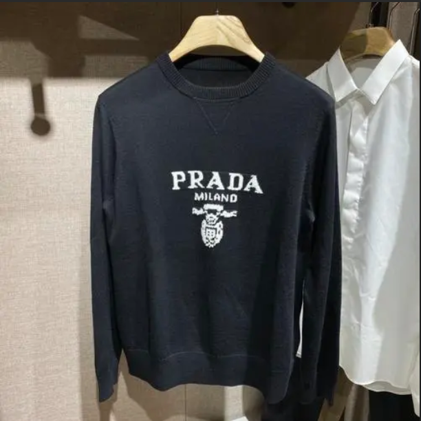 Prada Men Cashmere Wool Prada Logo Crew-Neck Sweater Black Menswear Fit