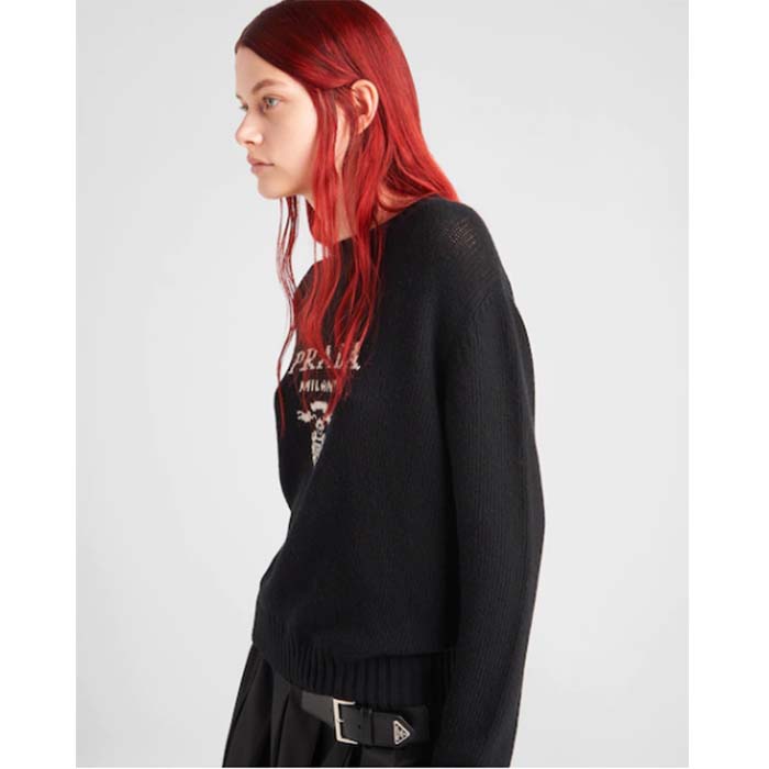 Prada Women Cashmere Wool Prada Logo Crew-Neck Sweater Black Menswear Fit