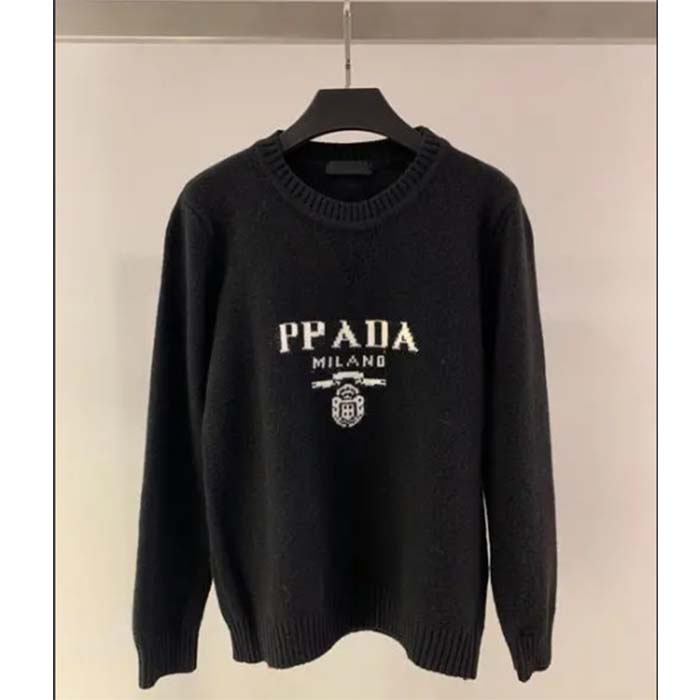 Prada Women Cashmere Wool Prada Logo Crew-Neck Sweater Black Menswear Fit