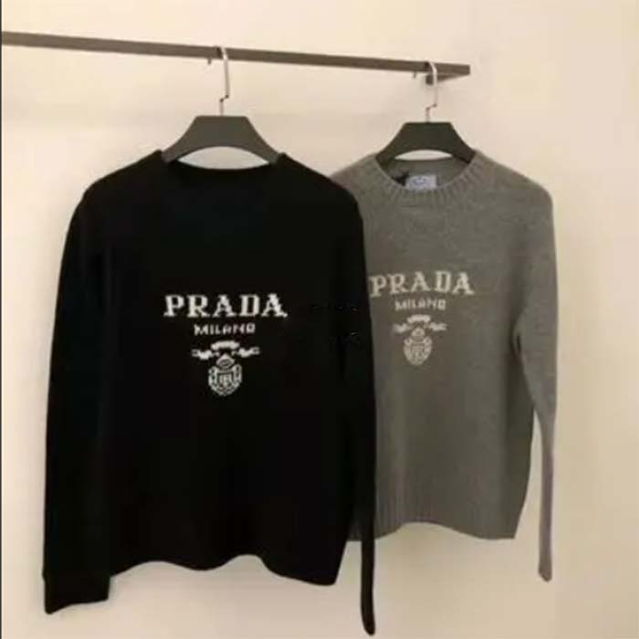 Prada Men Cashmere Wool Prada Logo Crew-Neck Sweater Black Menswear Fit