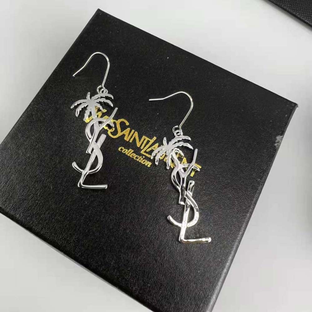 Saint Laurent YSL Women Monogram Palm Earrings in Metal-Silver