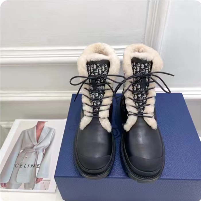 Dior Unisex Dior Explorer Ankle Boot Black Smooth Calfskin Beige Black Oblique Jacquard