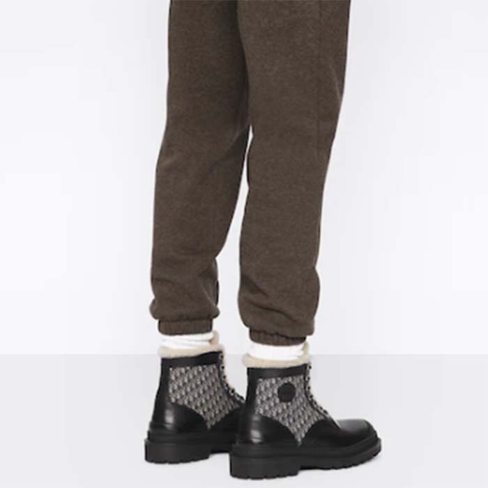Dior Unisex Dior Explorer Ankle Boot Black Smooth Calfskin Beige Black Oblique Jacquard