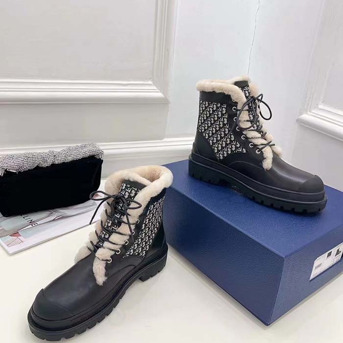 Dior Unisex Dior Explorer Ankle Boot Black Smooth Calfskin Beige Black Oblique Jacquard