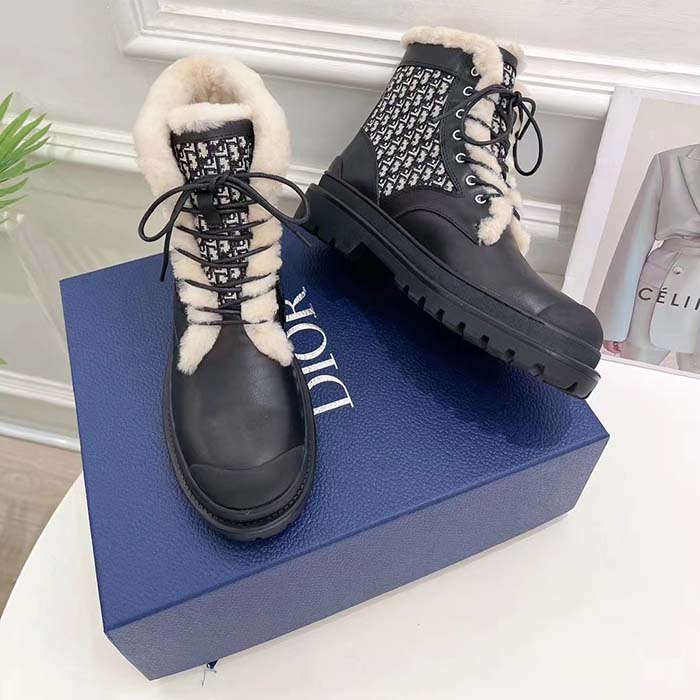 Dior Unisex Dior Explorer Ankle Boot Black Smooth Calfskin Beige Black Oblique Jacquard