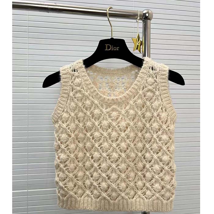 Dior Women CD Twin-Set Vest Ecru Cashmere Silk Mohair Knit Cashmere Silk