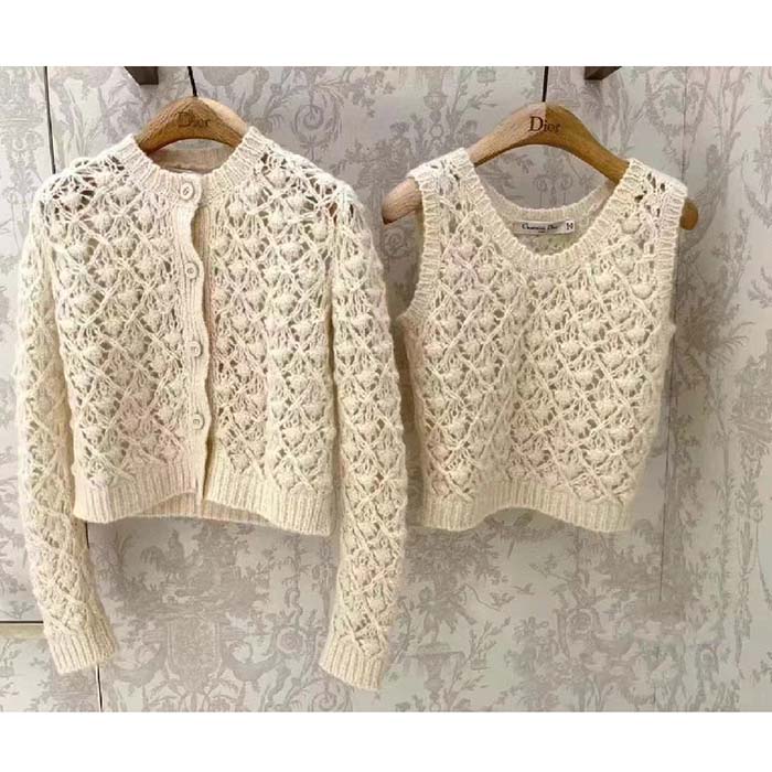 Dior Women CD Twin-Set Vest Ecru Cashmere Silk Mohair Knit Cashmere Silk