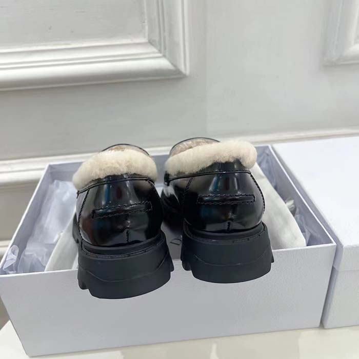 Dior Women Shoes CD Dior Code Loafer Black Brushed Calfskin White Shearling