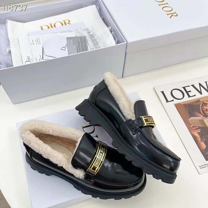 Dior Women Shoes CD Dior Code Loafer Black Brushed Calfskin White Shearling